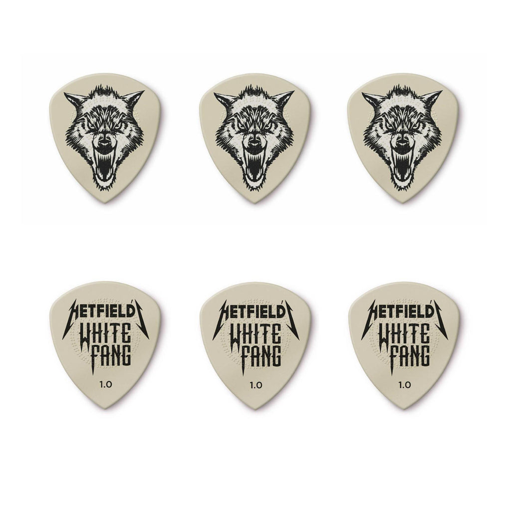 Jim Dunlop James Hetfield White Fang 1.0mm guitar pick pack with six Dunlop picks featuring band logo and white design.