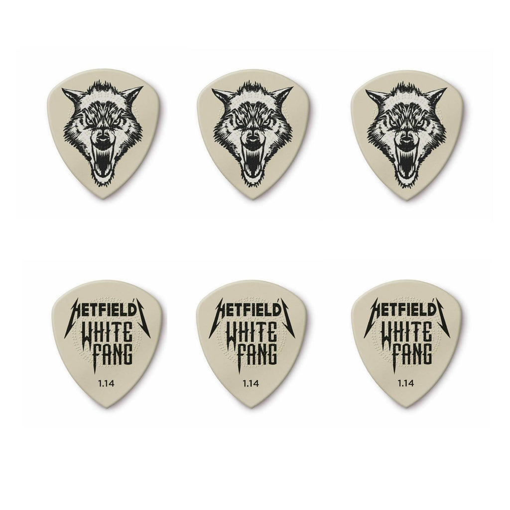 Jim Dunlop James Hetfield White Fang guitar picks from the Player Pack, featuring a white fang design on standard Dunlop guitar picks.
