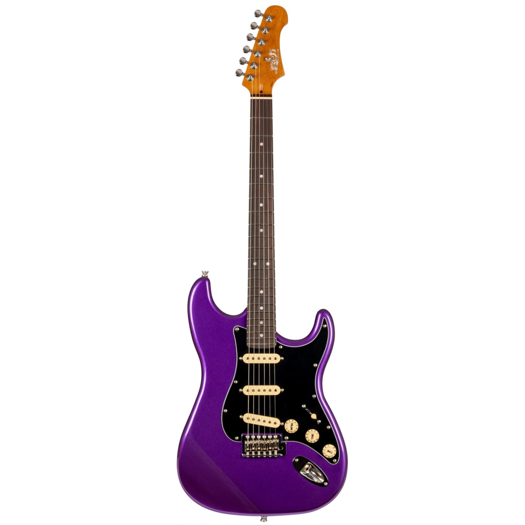 Jet Guitars JS-300 SSS electric guitar with a plum finish and maple fretboard, showcasing its solid body and sleek design.