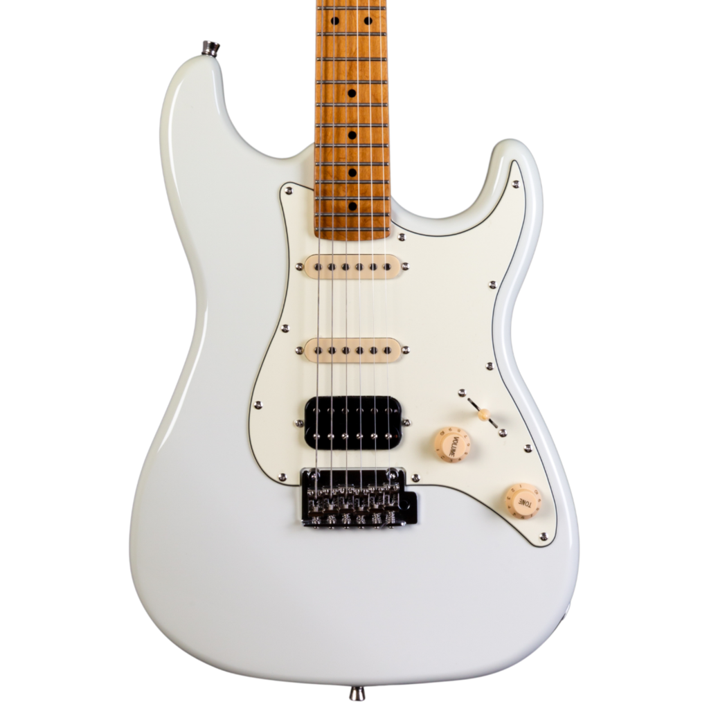 Jet JS-400 HSS electric guitar in Olympic White with roasted maple fretboard, featuring a sleek body and modern design.