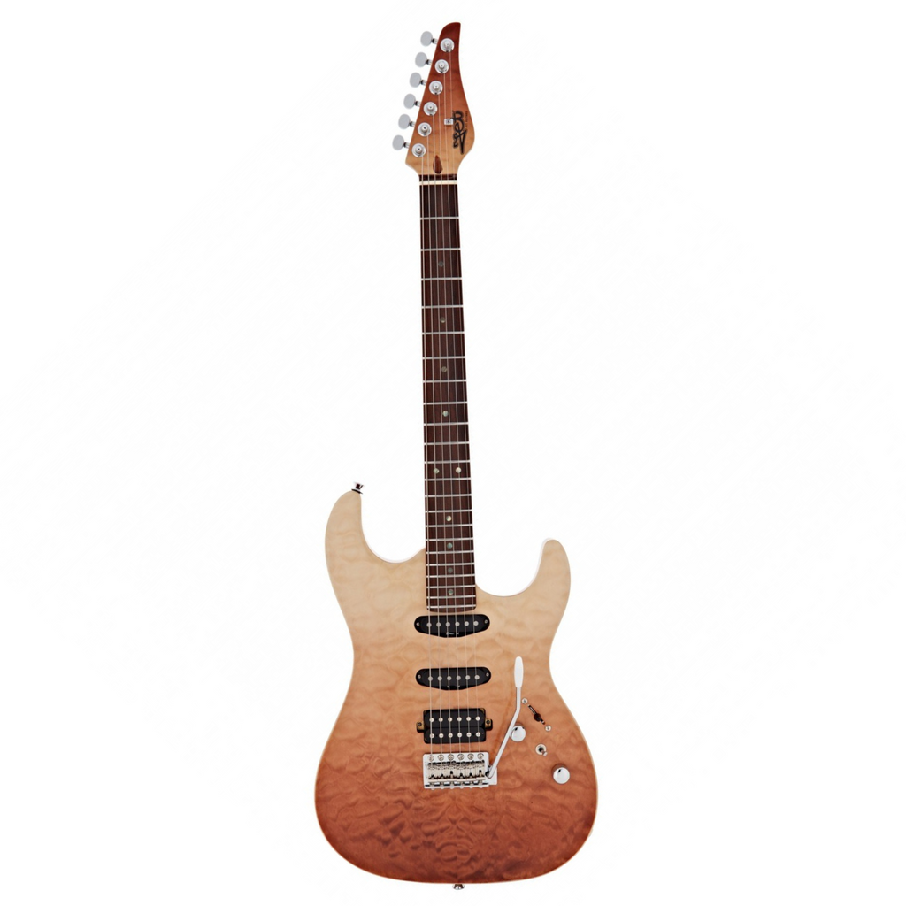 Jet Guitars JS-45-ELITE-FB electric guitar with rosewood fingerboard in fireburst finish, showcasing its sleek body and hardware details.