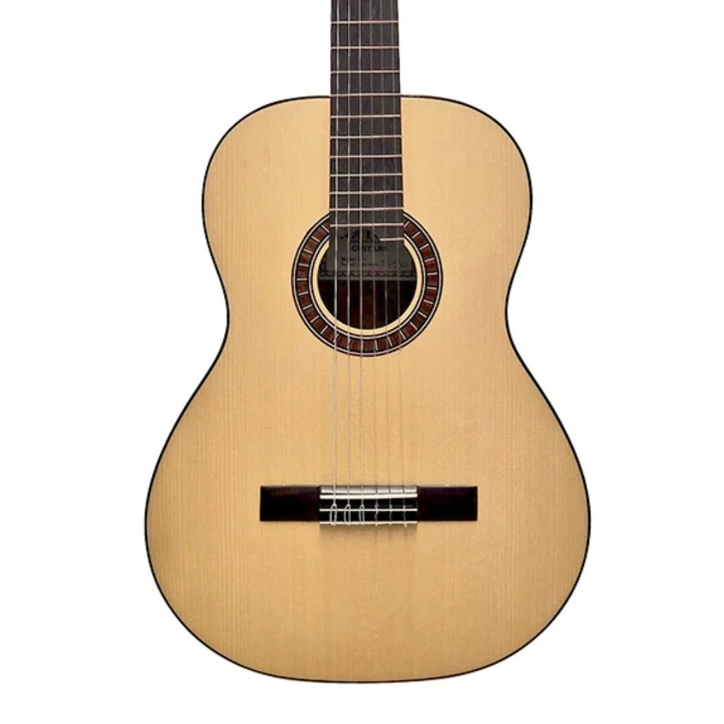 Katoh EV5 Evolution nylon string classical guitar with wooden body and six nylon strings, lying on a stand.