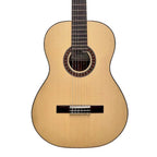 Katoh EV5 Evolution nylon string classical guitar with wooden body and six nylon strings, lying on a stand.