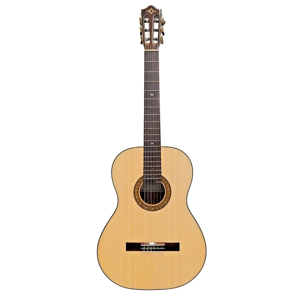Katoh EV10 Evolution nylon string classical guitar with wooden body and six nylon strings, showing the fretboard and soundhole.