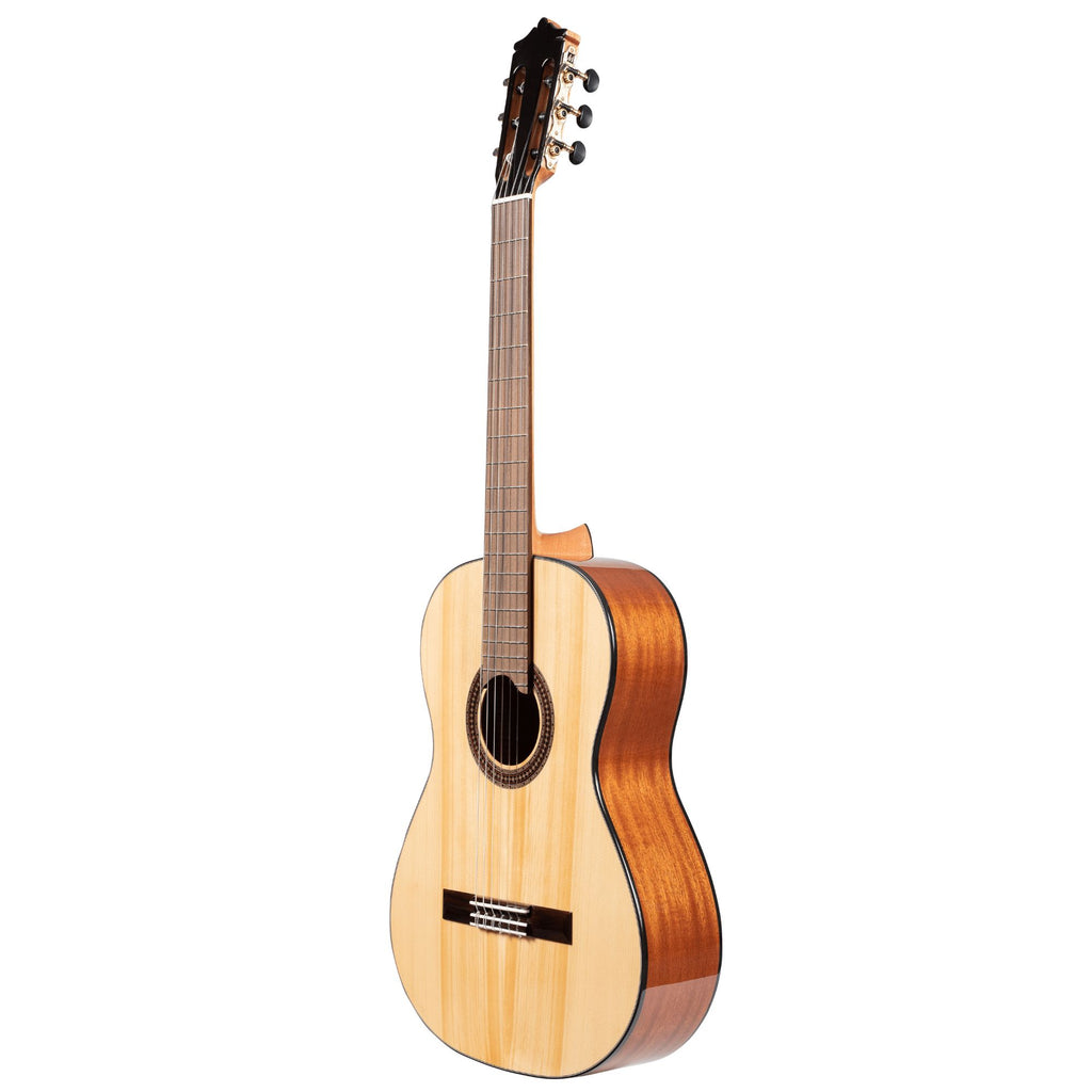 Katoh MCG40S classical guitar with solid spruce top and sapele back and sides, showcasing a traditional design and natural wood finish.