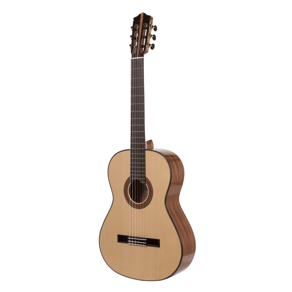 Katoh MCG110S classical acoustic guitar with a wooden body and nylon strings, shown resting on a stand.