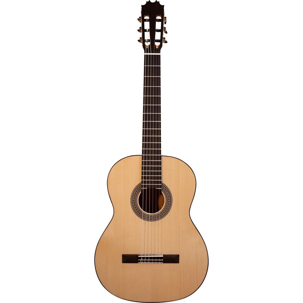 Katoh MM4S satin classical guitar with a smooth finish, nylon strings, and traditional design, showcasing its elegant craftsmanship.