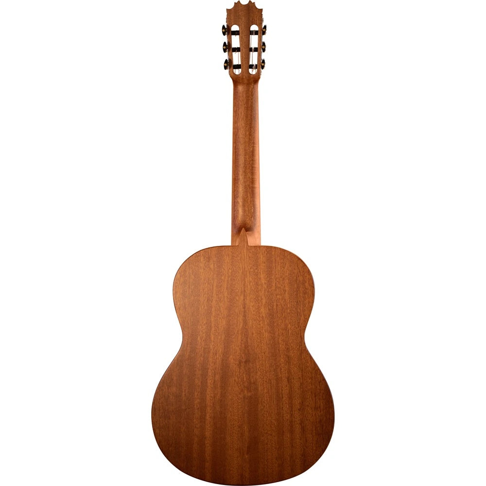 Katoh MM4S satin finish classical guitar with nylon strings and traditional design, displayed on a stand.