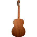 Katoh MM4S satin finish classical guitar with nylon strings and traditional design, displayed on a stand.
