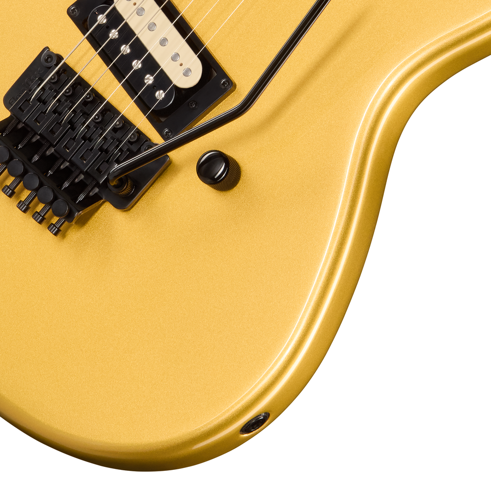 Kramer 50th Anniversary Baretta electric guitar in gold finish, showcasing its sleek body and distinctive design.