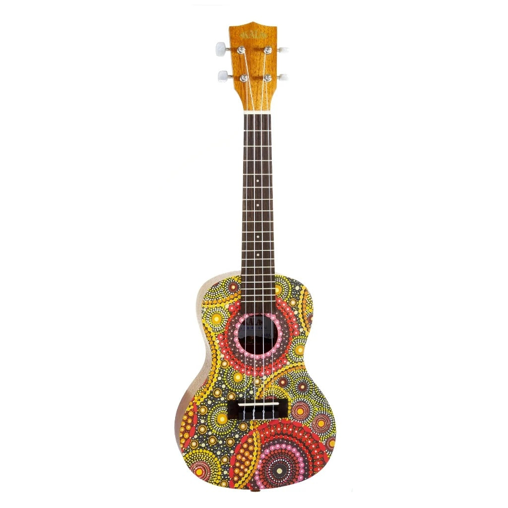 Kala Desert Storylines Evelyn Young Concert Ukulele with carrying bag, featuring a natural wood finish and compact size.