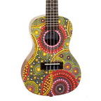 Kala Desert Storylines Evelyn Young concert ukulele with matching bag, showcasing its natural wood finish and compact size.