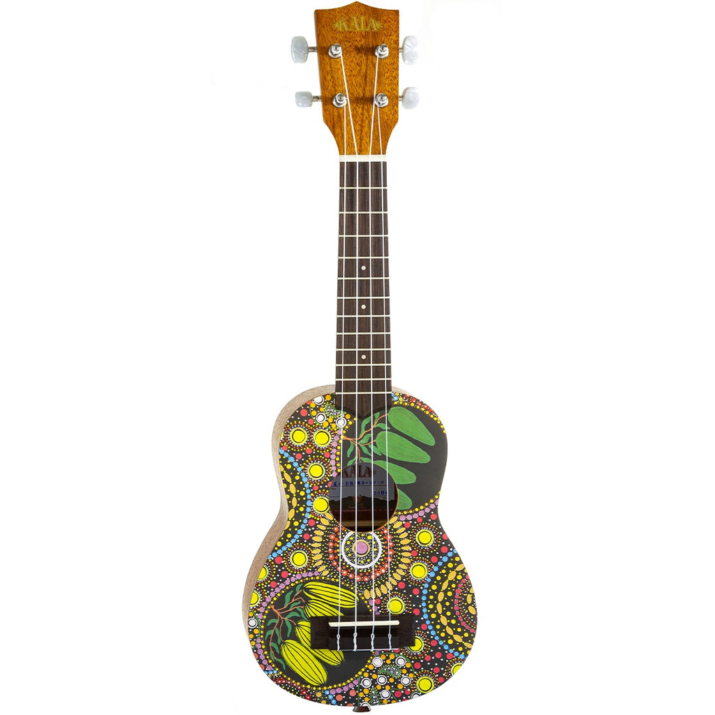 Kala Desert StoryLines Margaret Bloomfield soprano ukulele with natural wood finish and matching carrying bag, ideal for beginners.