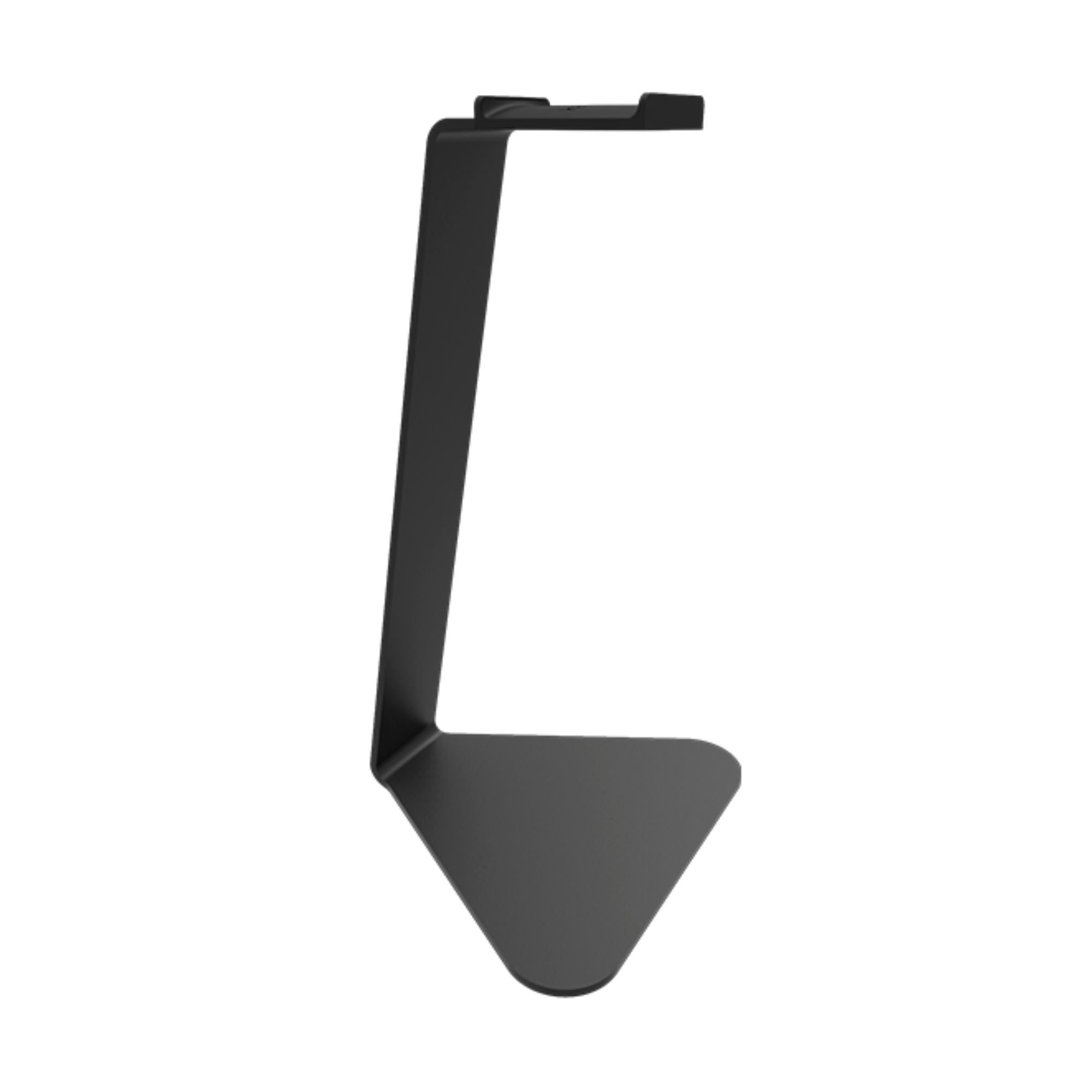 Black Kanto KANH1 headphone stand on a desk, designed for organizing and displaying headphones neatly and securely.
