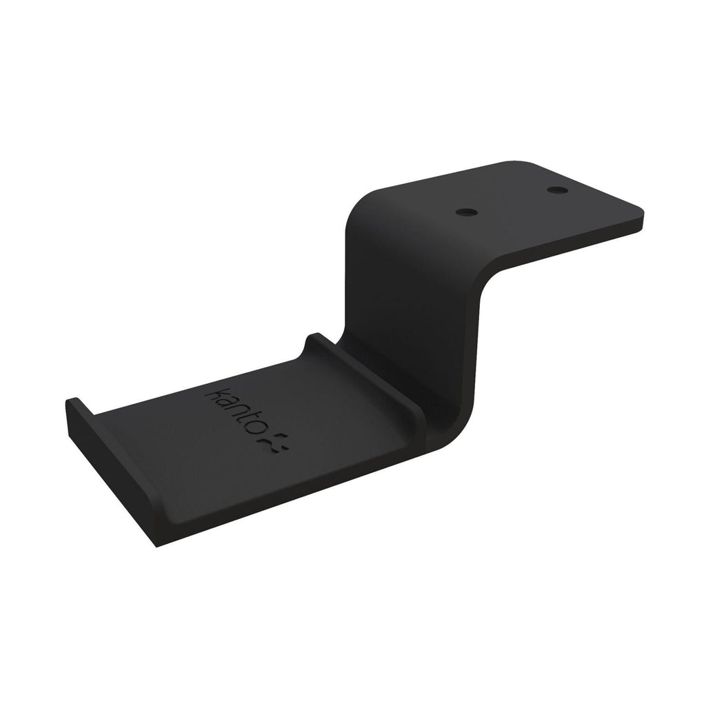 Black Kanto KANHH under desk headphone hanger attached to a desk for easy headphone storage.