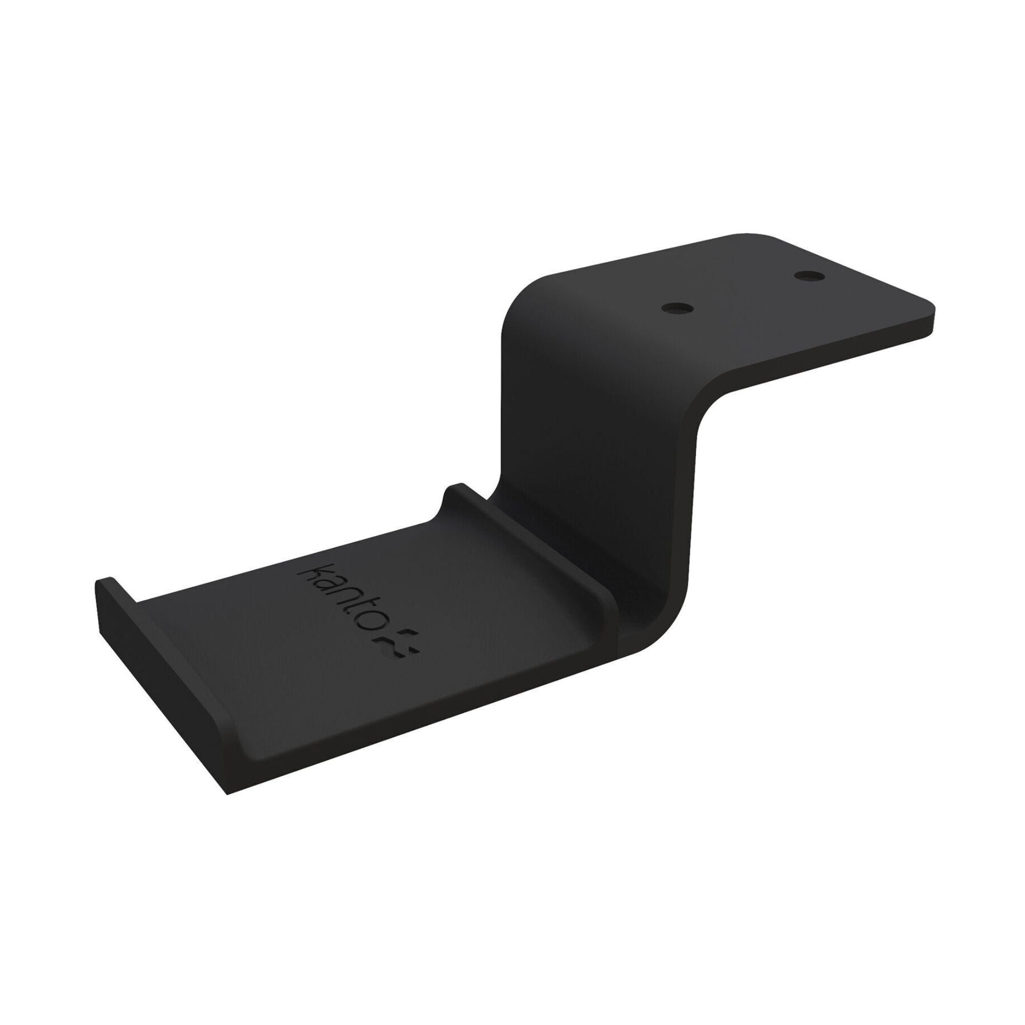 Black Kanto KANHH under desk headphone hanger attached to a desk for easy headphone storage.
