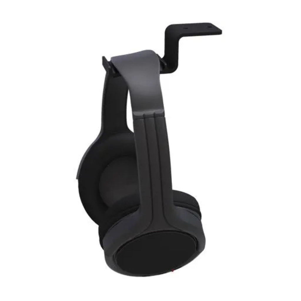 Black Kanto KANHH under-desk headphone hanger mounted on a desk, designed for organizing headphones with a sleek, space-saving style.