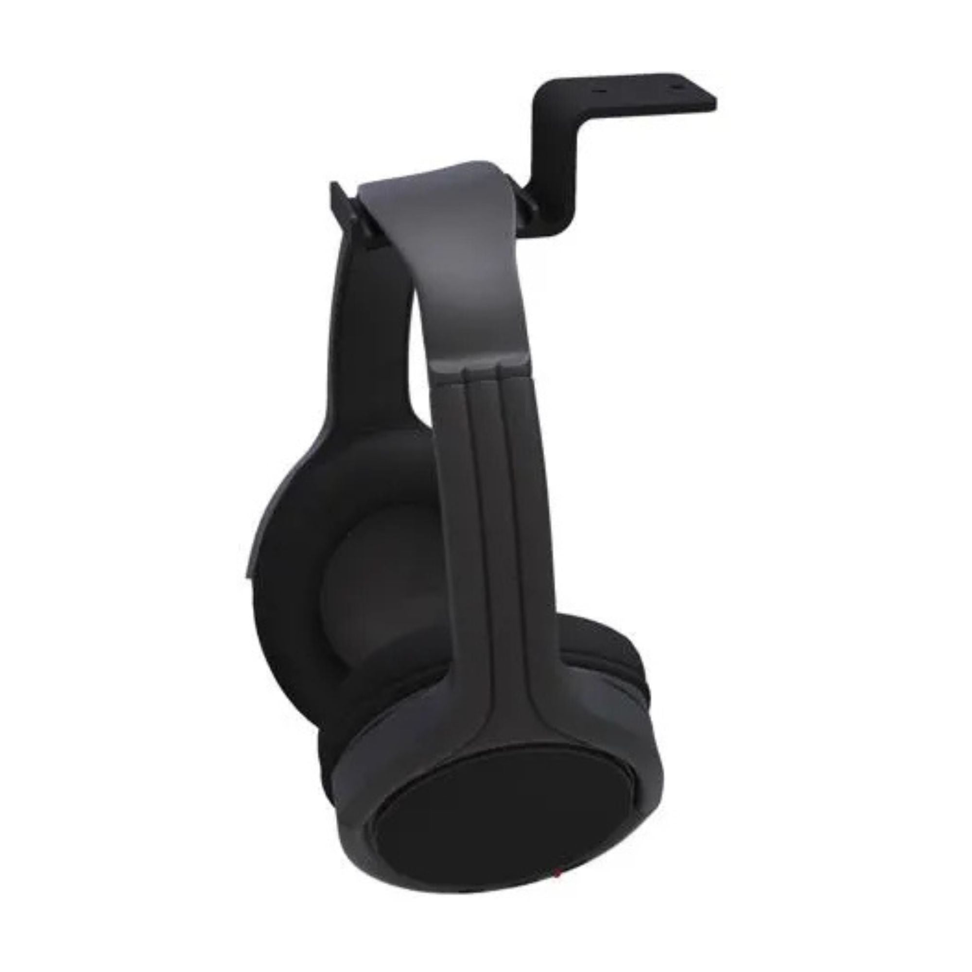 Black Kanto KANHH under-desk headphone hanger mounted on a desk, designed for organizing headphones with a sleek, space-saving style.
