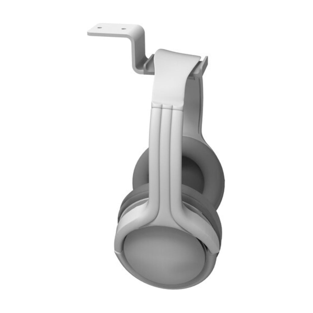 White Kanto KANHHW under desk headphone hanger mounted on a desk, holding headphones for organized storage.