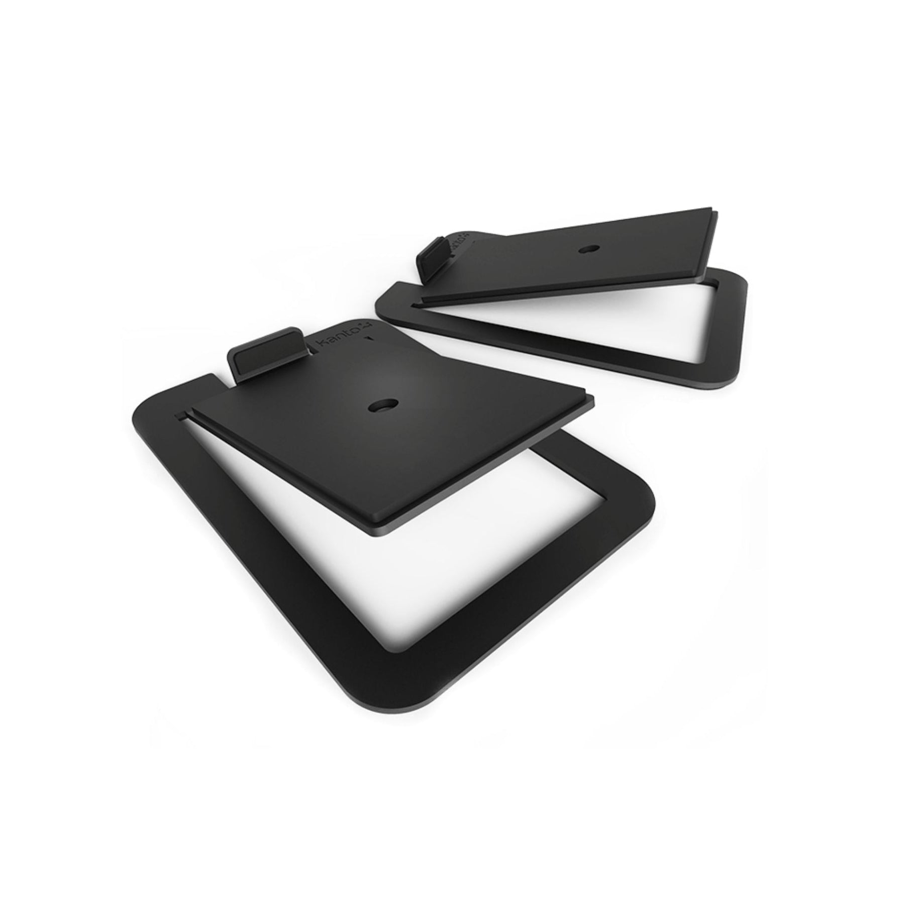 Black Kanto KANS4 medium desk tilted speaker stands for studio monitors, designed to elevate and angle speakers for optimal sound.