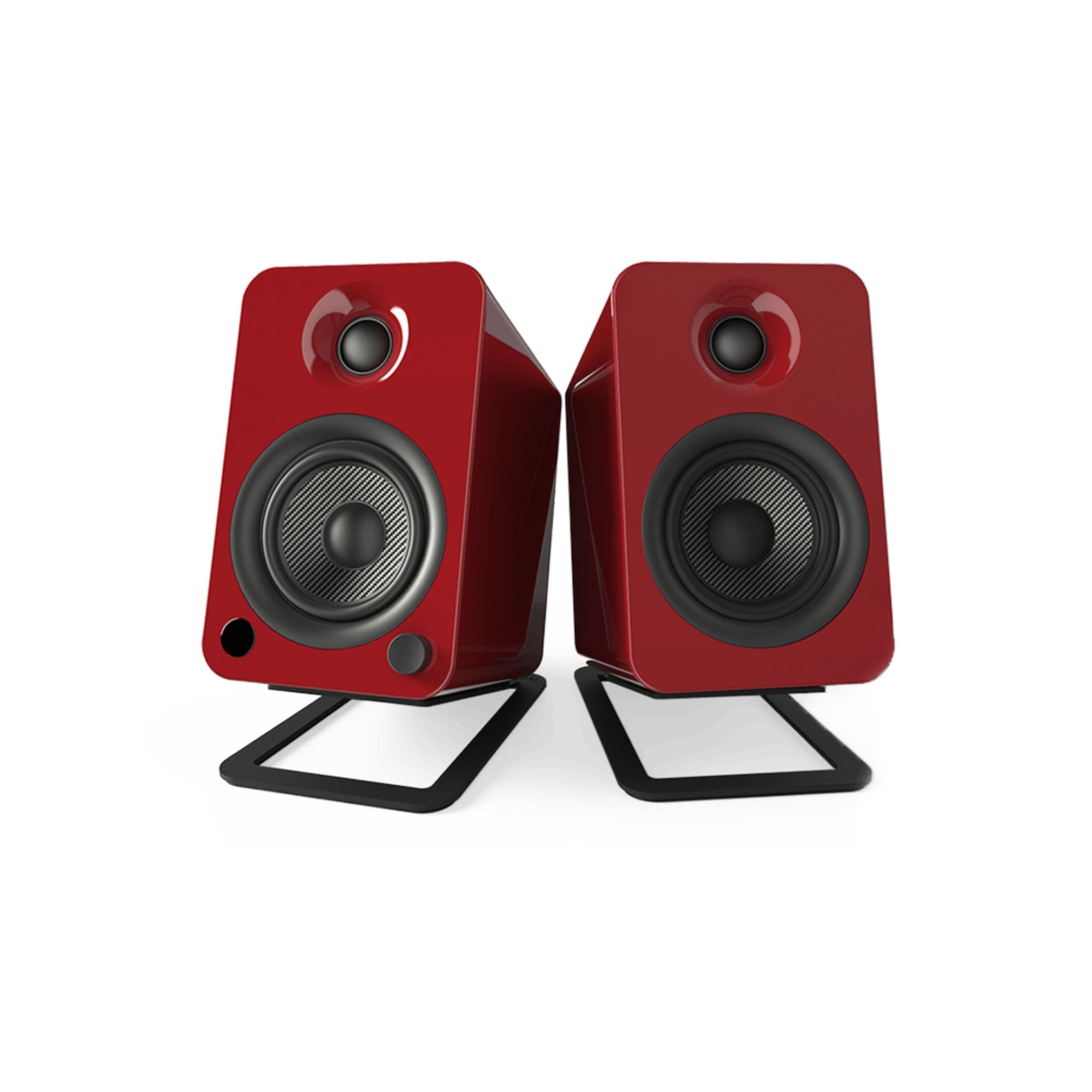 Black Kanto KANS4 medium desk top tilted speaker stands for studio monitors, designed to improve sound clarity and desk organization.