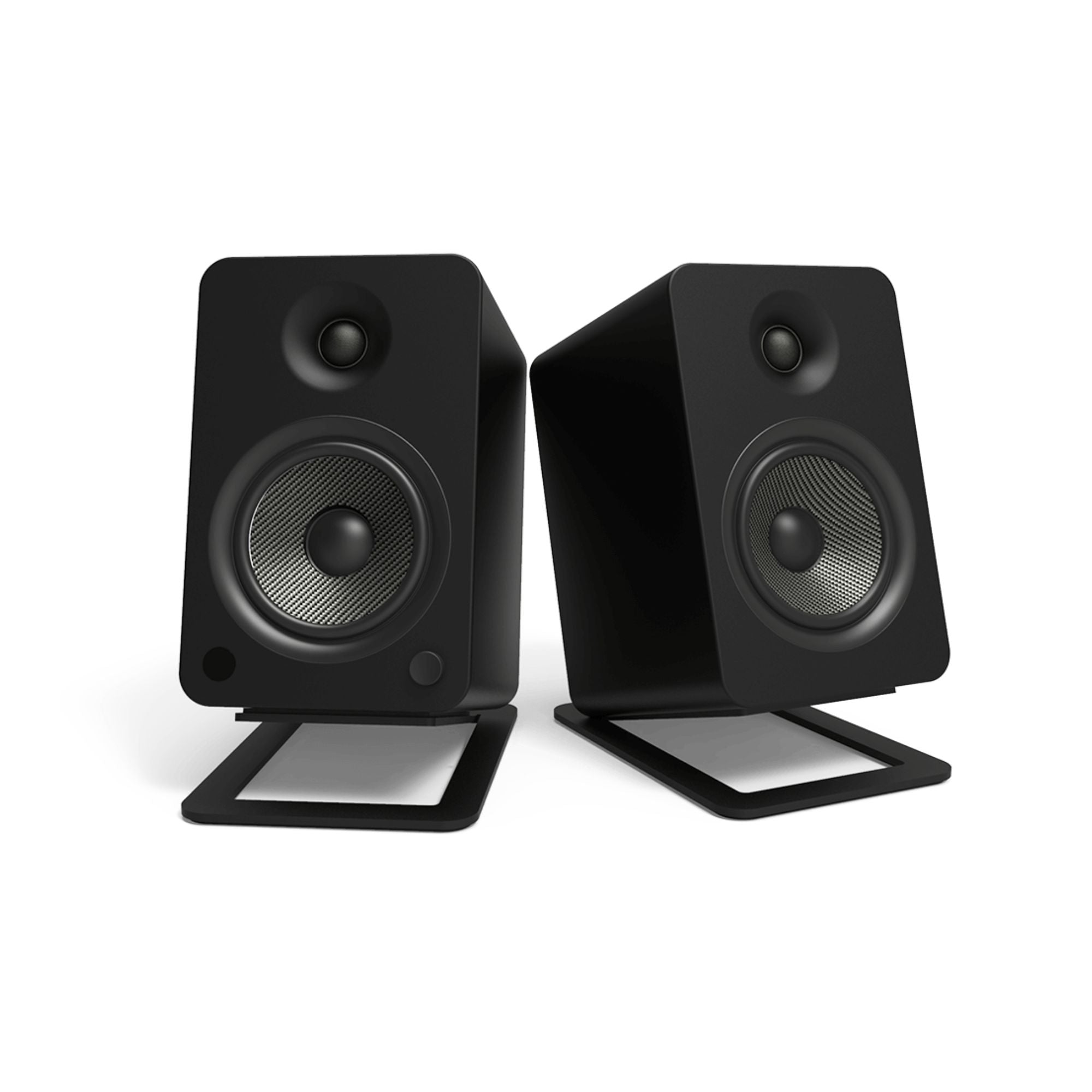 Black Kanto KANS6 large desk top tilted speaker stands for studio monitors, designed to elevate and angle speakers for optimal sound.