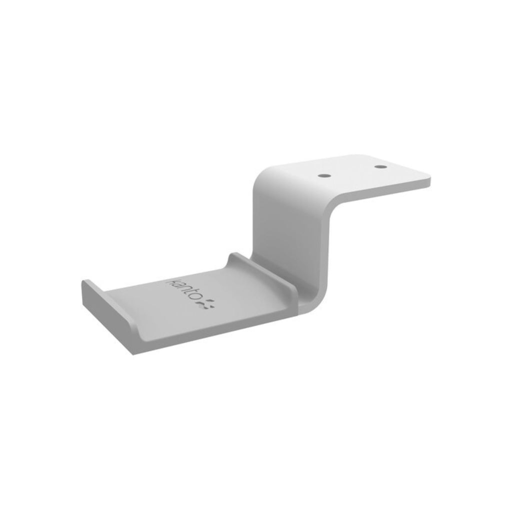 Kanto white under-desk headphone hanger mounted on a desk, holding headphones in a sleek, space-saving accessory.