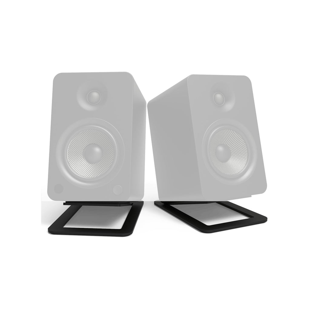 Black Kanto large desk top tilted speaker stands with adjustable angles for optimal audio positioning.