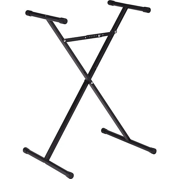 Casio single brace keyboard stand supporting a black digital keyboard with adjustable height and sturdy metal construction.