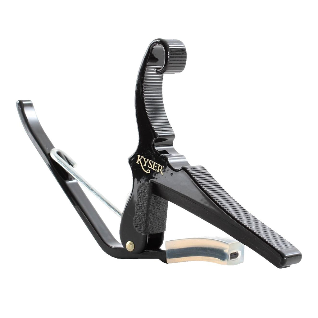 Kyser KG12 12-string guitar capo in black, shown on a guitar neck, designed to clamp strings for easy tuning adjustments.