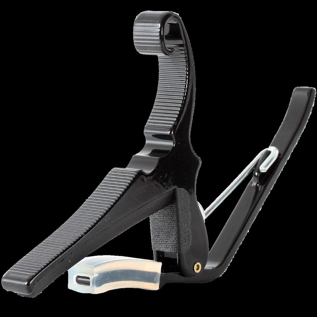 Black Kyser KG12 12-string guitar capo clipped onto a steel-string acoustic guitar neck.