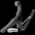 Black Kyser KG12 12-string guitar capo clipped onto a steel-string acoustic guitar neck.