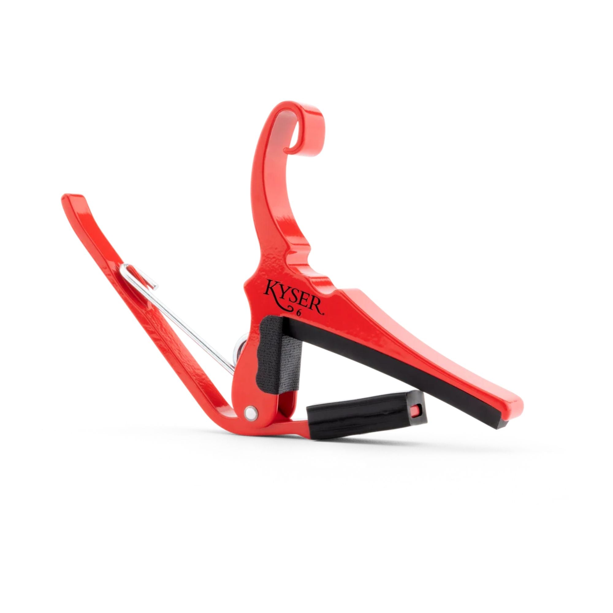 Kyser KG6LRA Color Waves lipstick red guitar capo clipped on guitar neck, showing vibrant red color and compact design.