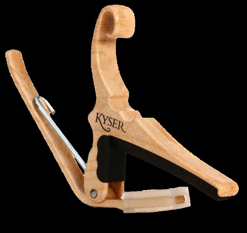 Kyser KG6 Maple Guitar Capo attached to a guitar neck, showcasing a durable, easy-to-use capo for acoustic and electric guitars.