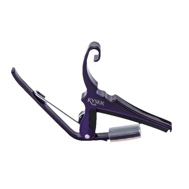 Purple Kyser KG6 guitar capo clipped on a guitar neck, showcasing its compact and lightweight design for easy tuning adjustments.