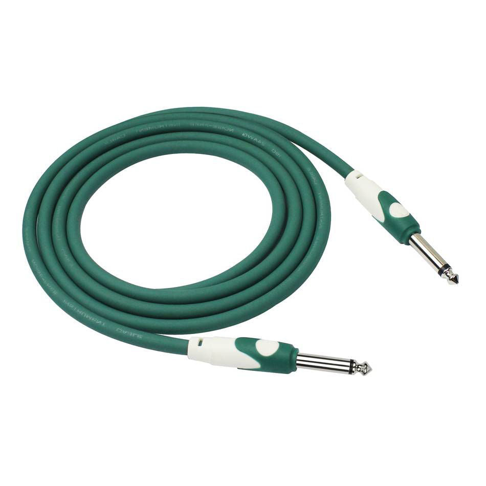Green 20-foot Kirlin guitar cable with durable connectors, ideal for musicians and guitarists connecting instruments to amplifiers.