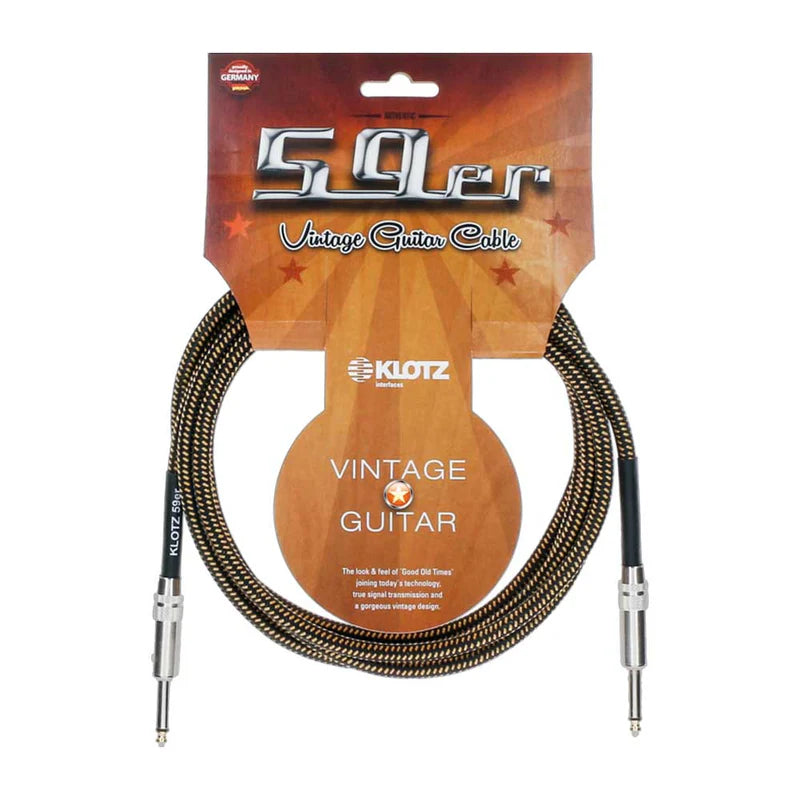 Klotz 59'er vintage guitar cable 6m with tweed cover and gold tip, straight connector, designed for high-quality musical instrument connection.