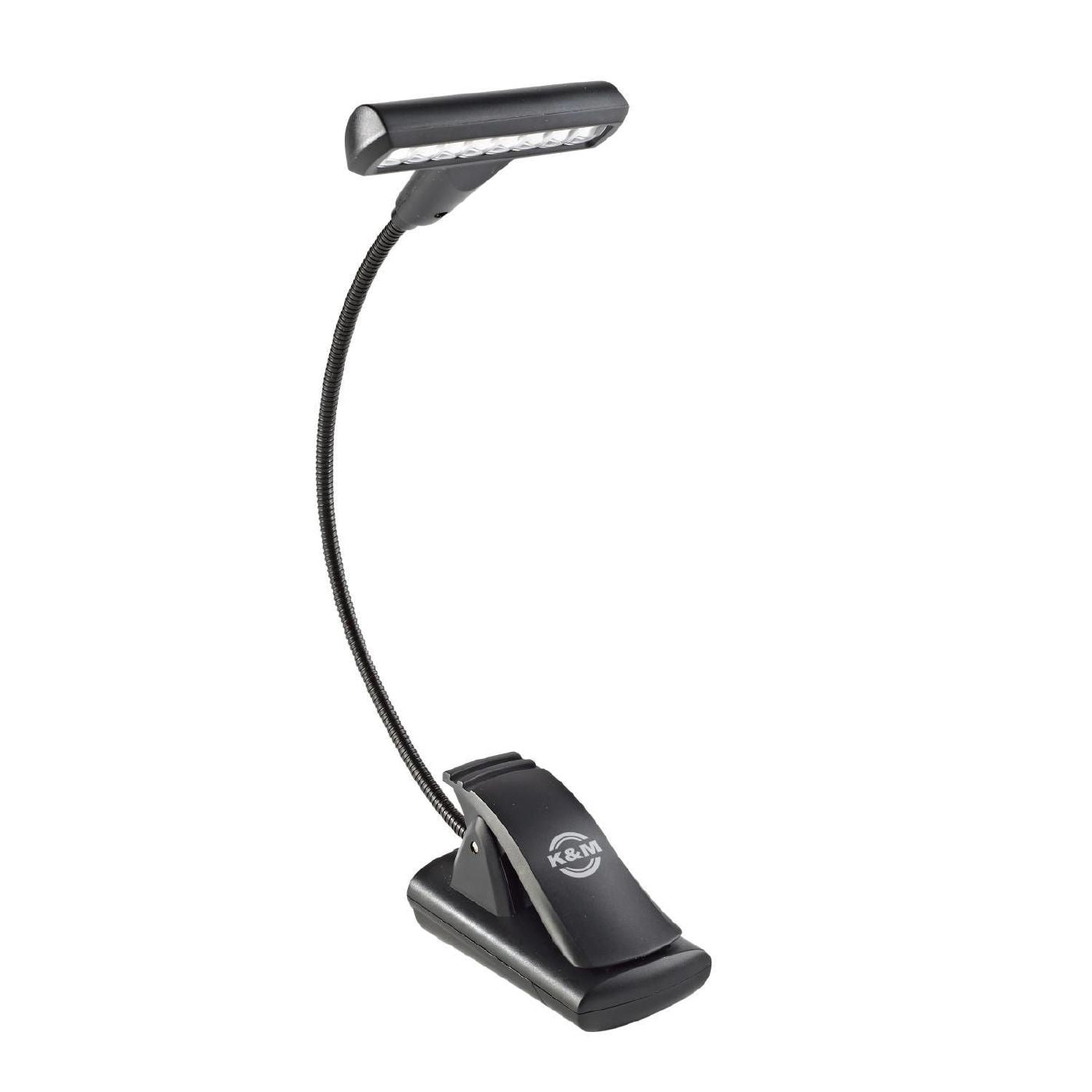 K&M 12247 Music Stand Light with flexible LED arm mounted on a music stand, providing focused illumination for sheet music.