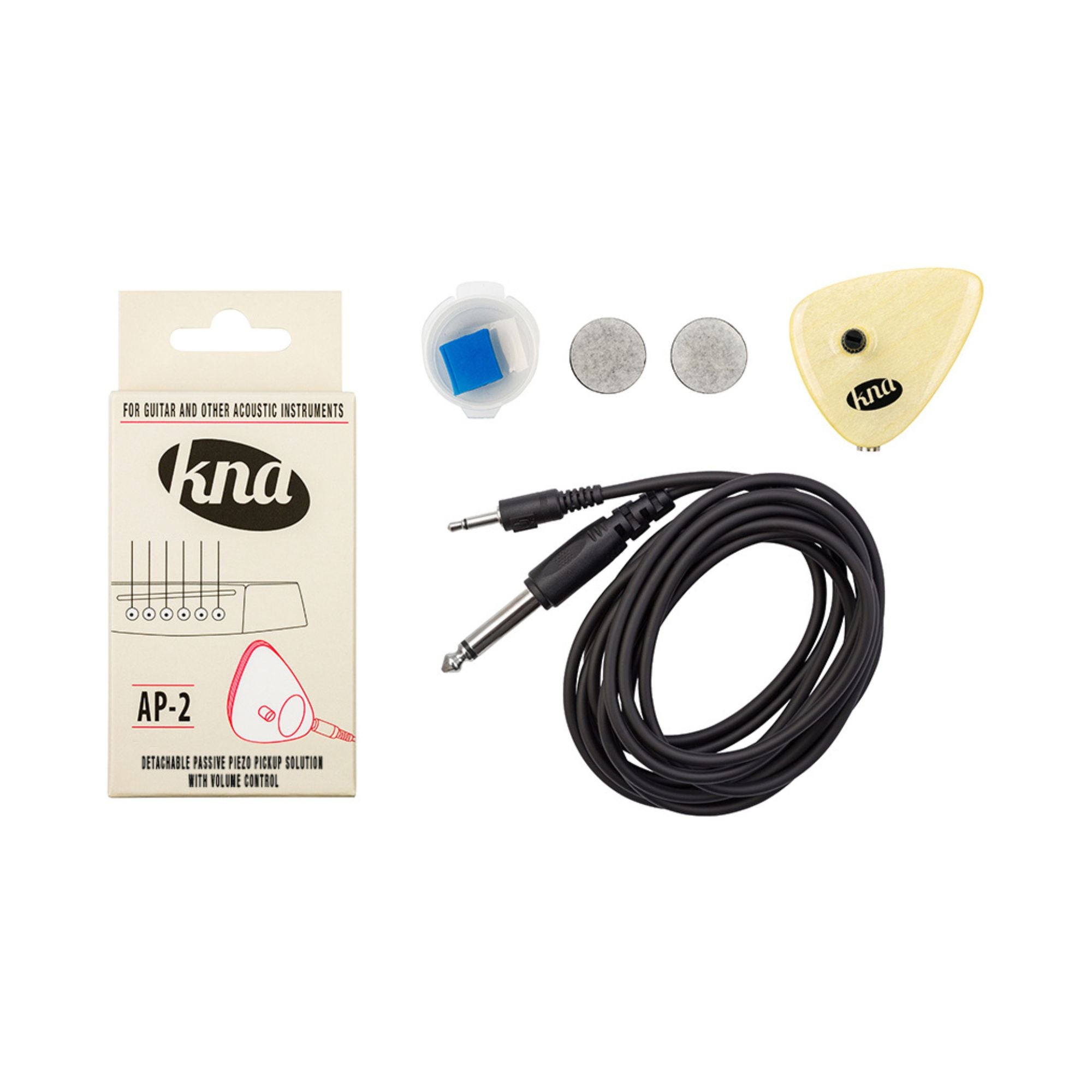 KNA AP2 acoustic guitar pickup with volume control, mounted on a guitar, showing the compact pickup and adjustable knob.