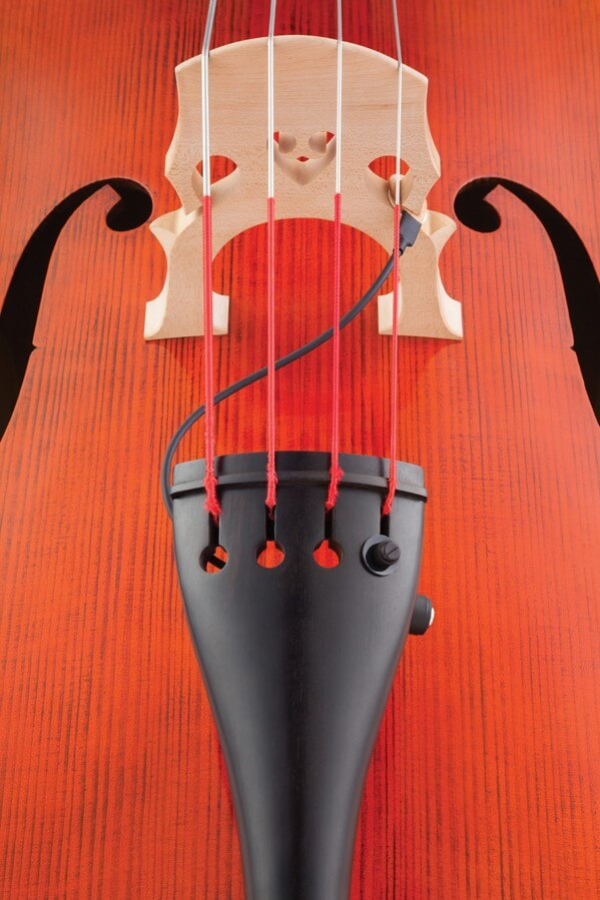 KNA DB-1 Double Bass Piezo Pickup mounted on a double bass, showcasing the compact, high-quality pickup device for acoustic amplification.