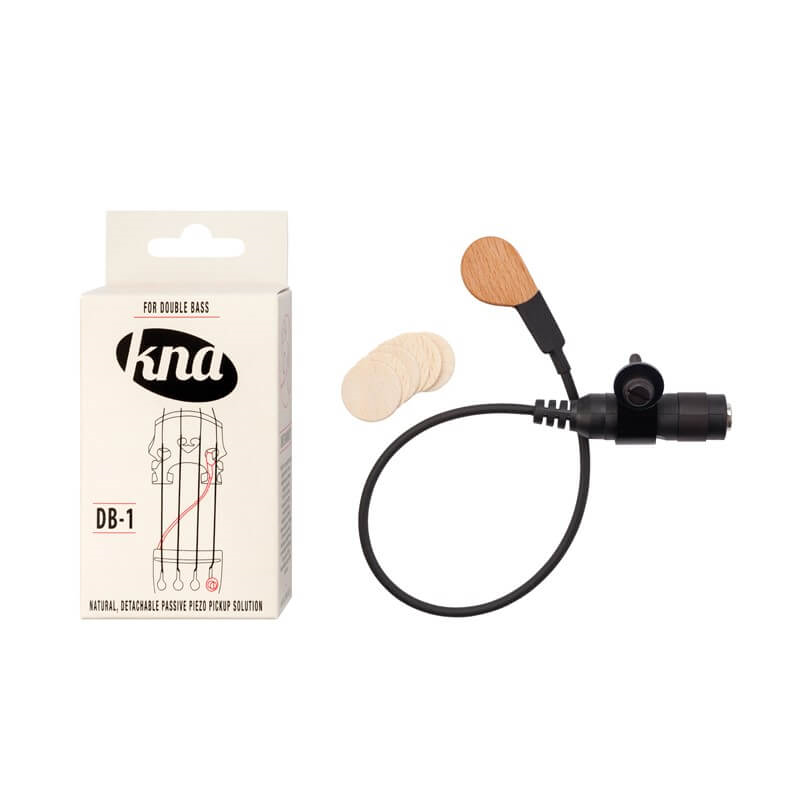 KNA DB-1 Double Bass Piezo Pickup mounted on a double bass with cable connector for amplified sound.