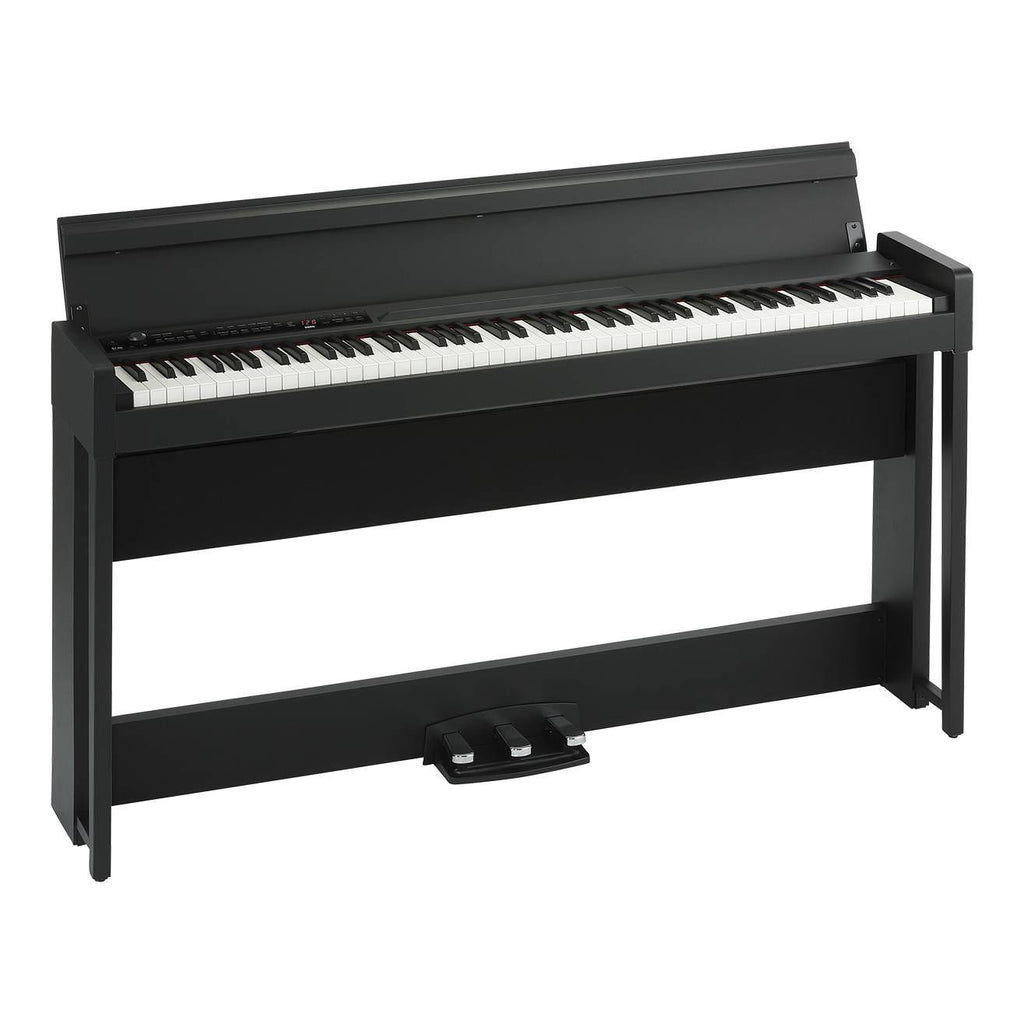 Korg C1 AIR digital piano in black with Bluetooth connectivity, featuring a sleek design and standard keyboard keys.