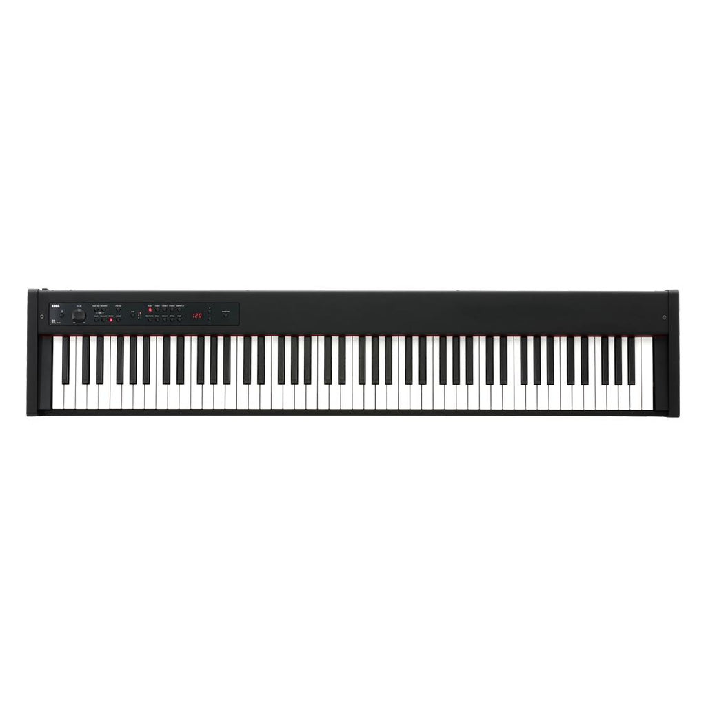 Korg D1 digital piano with 88 weighted hammer action keys, compact design, black finish, and detailed keyboard layout.