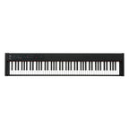 Korg D1 digital piano with 88 weighted hammer action keys, compact design, black finish, and detailed keyboard layout.