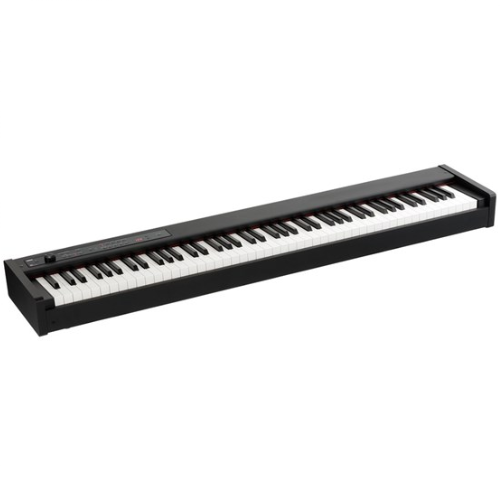 Korg D1 digital piano with 88 weighted hammer action keys, compact design, black finish, and control panel on top.