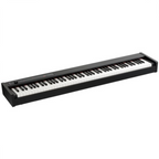 Korg D1 digital piano with 88 weighted hammer action keys, compact design, black finish, and control panel on top.