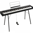 Korg D1 digital piano with 88 weighted hammer action keys, compact design, black finish, showing the keyboard and control panel.
