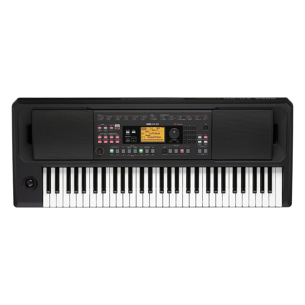 Black Korg EK-50L Entertainer Limitless stage keyboard with multiple control panels and keys, designed for live performances.