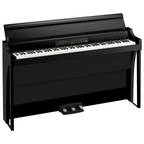 Korg G1 Air 88-key digital piano in black with Bluetooth connectivity, showcasing its sleek design and keyboard keys.