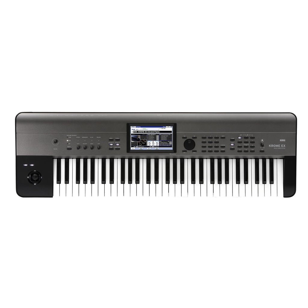 Korg Krome EX 61-key workstation synthesizer with control knobs and keyboard, ideal for music production and live performance.